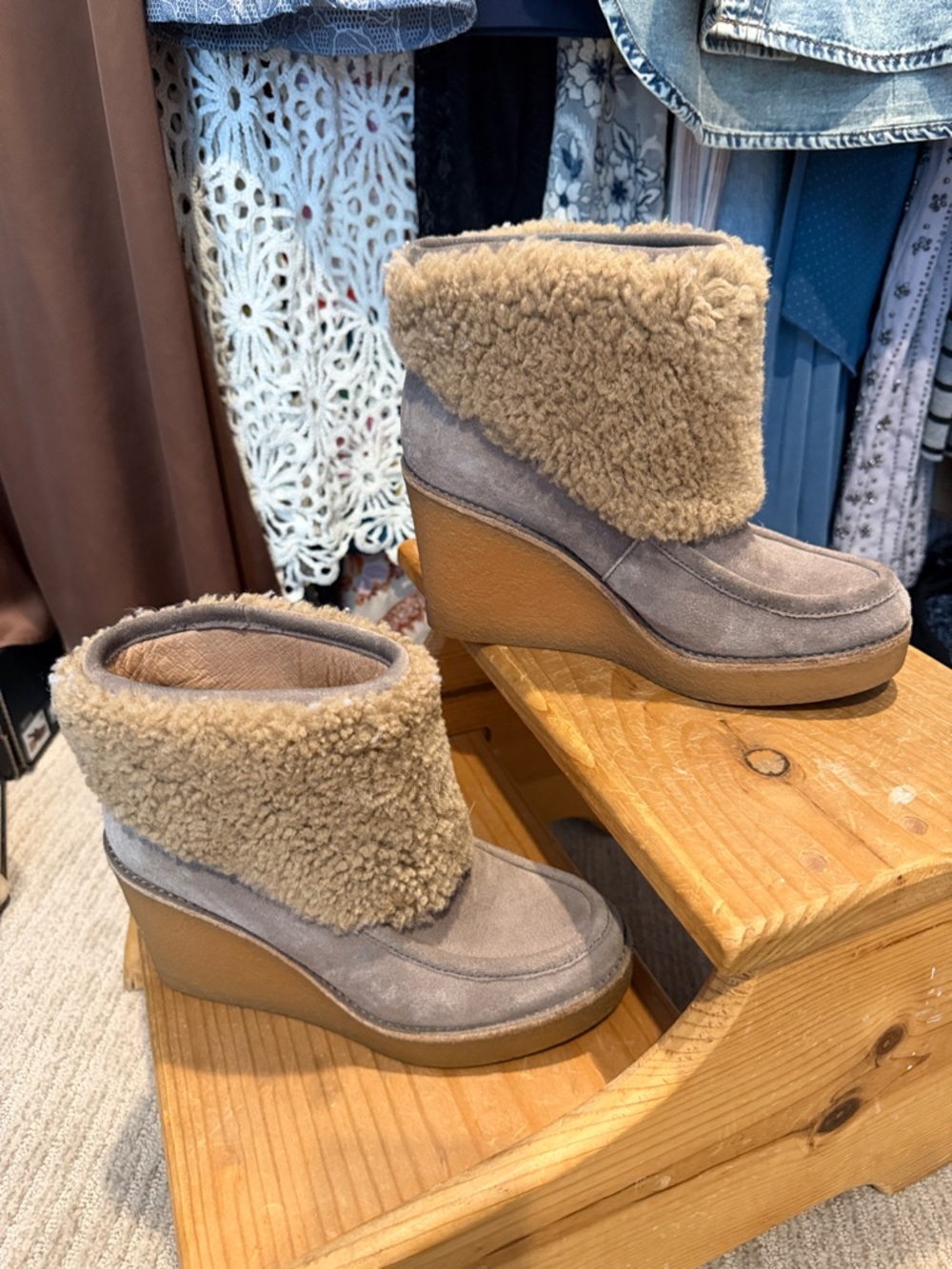 UGG Gray Suede Wedge Booties with Tan Shearling Collar